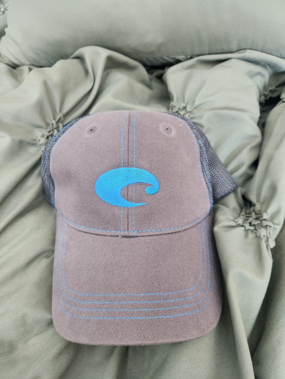 Costa Brown Trucker Hat with Teal Wave Logo